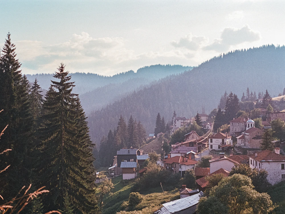 Traditional houses and wooded mountains in the Bulgarian Rhodopes